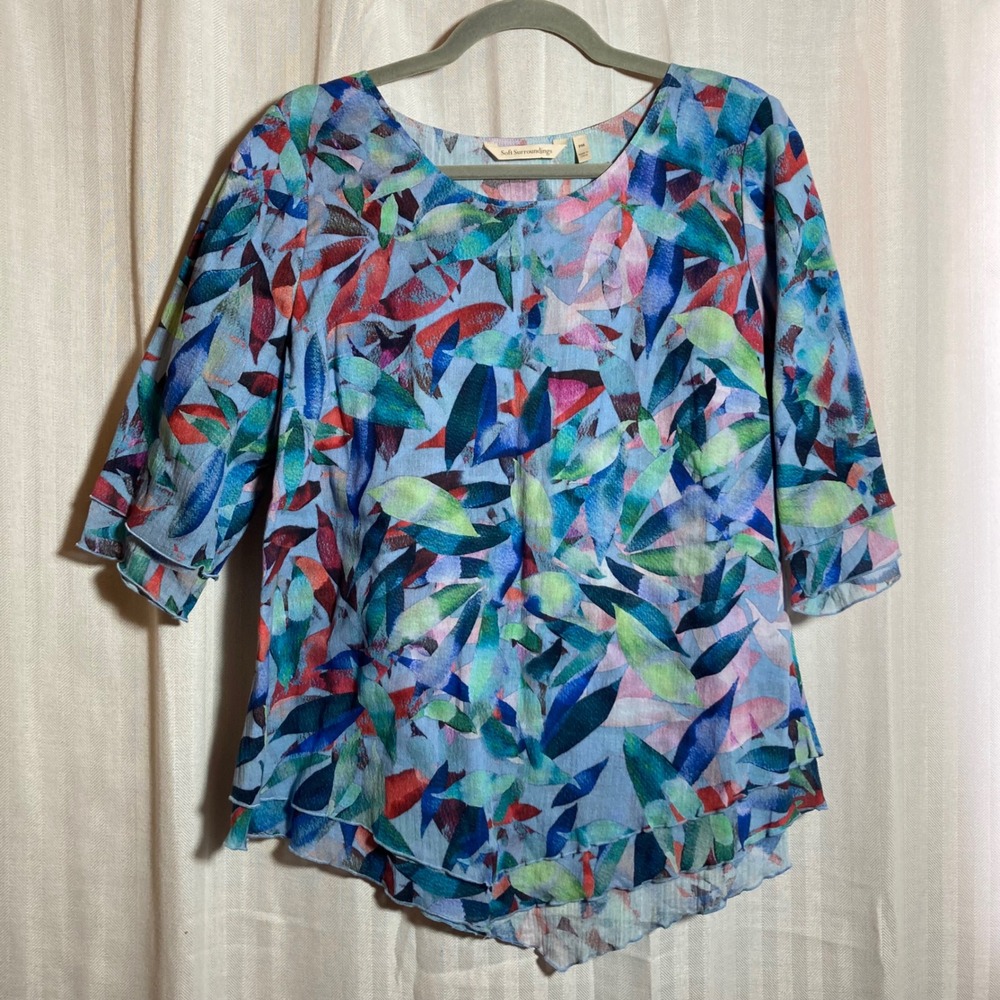 Soft Surroundings Blue Watercolor Leaf Print Cotton Ruffle Hem Top PM Beach Boho